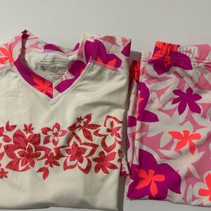 Coolibar UPF 50+ Rash Guard Swim Set Pink Floral Short Sleeve Top/Shorts Girl M